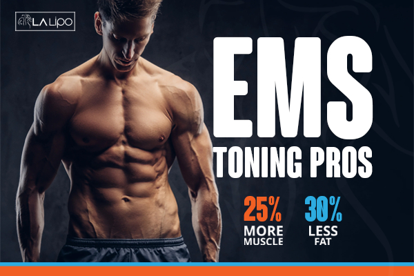 Graphic of man with toned body showing the benefits of LA-EMS Body Sculpting Whitley Sands treatment