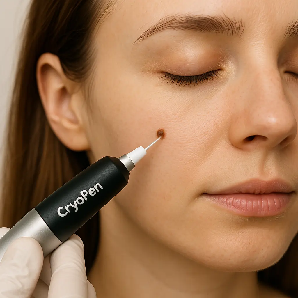 woman receiving facial mole removal Whitley Sands using cryopen